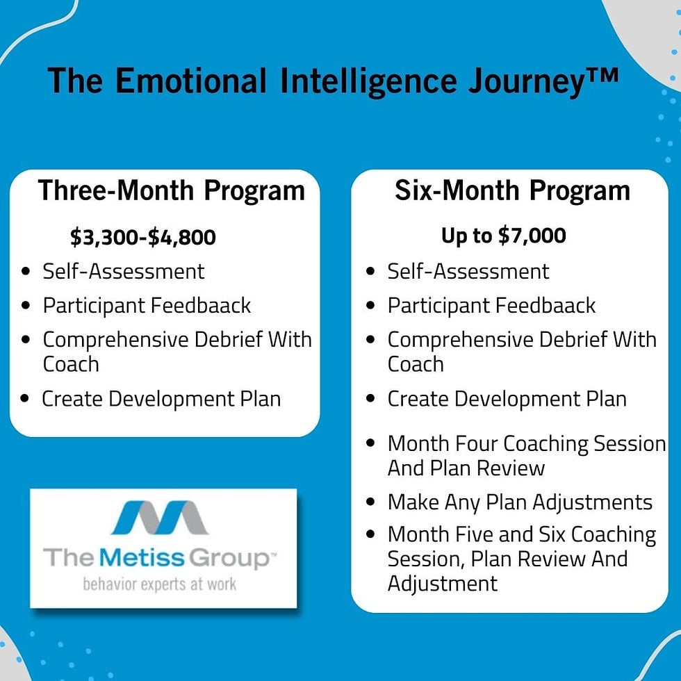 Chart outlining cost factors for The Emotional Intelligence Journey™  at The Metiss Group