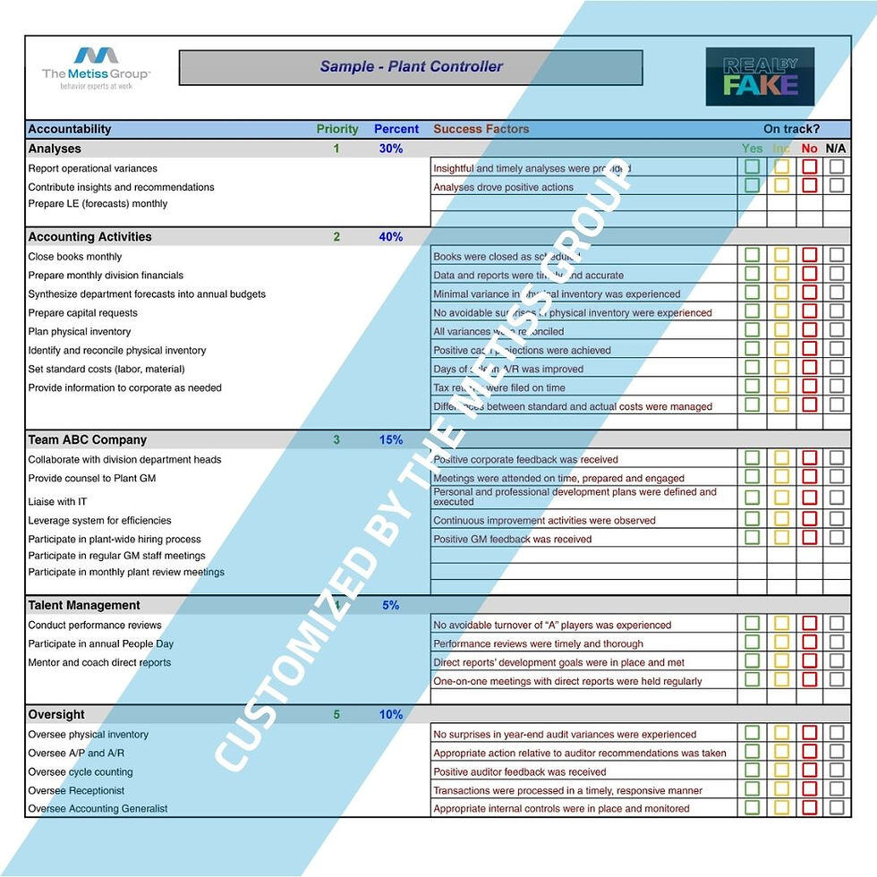 Image of sample job scorecard from The Metiss Group